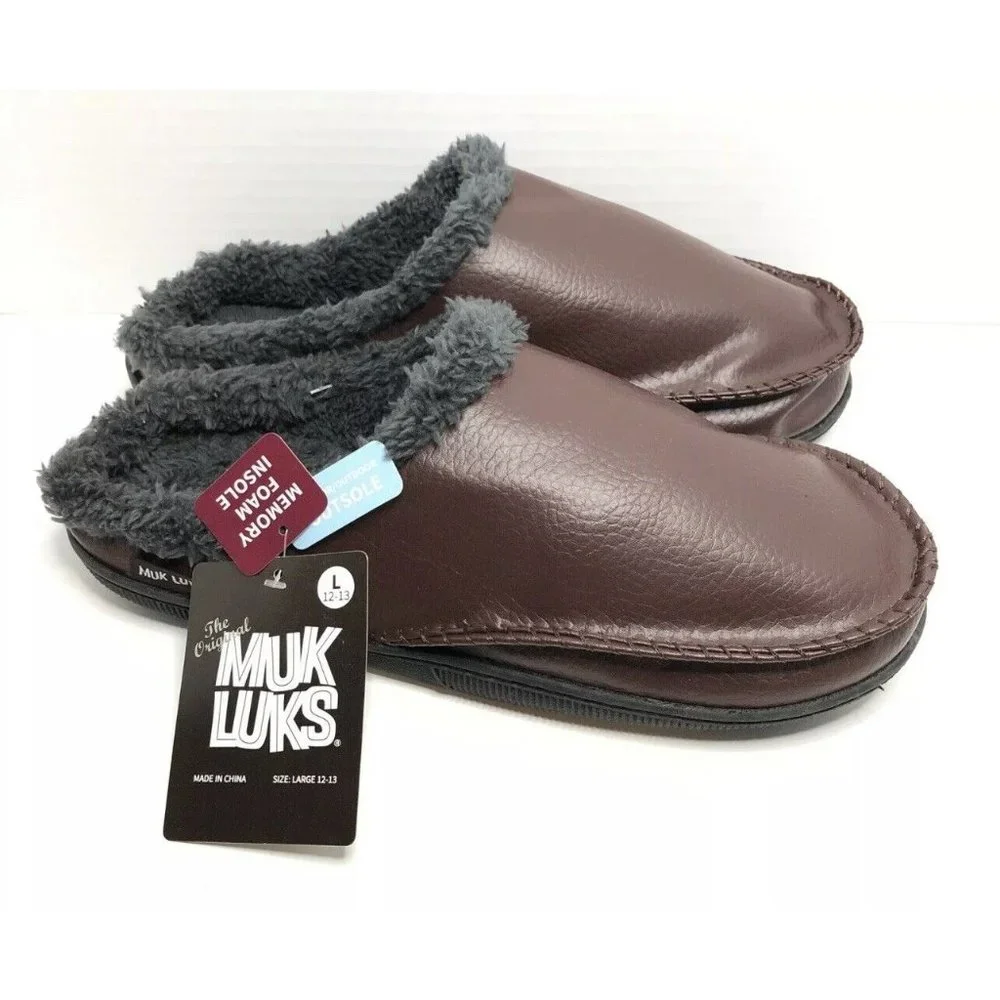 MUK LUKS Men's Faux‎ Leather Clog Slippers Brown Small Size 8-9 New Ships Fast